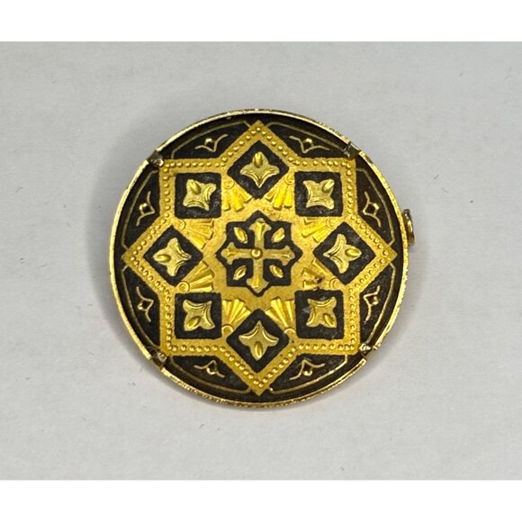 Vintage Gold-Tone & Black damascene gold brooch pin Round Pin Brooch With Intric - Picture 1 of 8